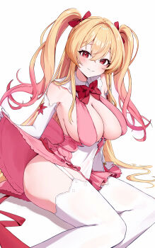 1girl absurdres blonde_hair breasts cleavage closed_mouth clothes_lift garter_straps hair_between_eyes hair_ribbon ham_(hamparty) highres large_breasts lifting_own_clothes long_hair looking_at_viewer original over-kneehighs pink_skirt red_eyes red_ribbon ribbon simple_background sitting skirt skirt_lift smile thighhighs thighs twintails white_background white_garter_straps white_thighhighs