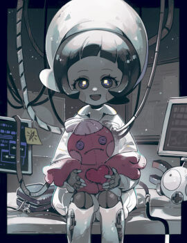 1girl :d black_hair blush_stickers bonnet character_doll child commentary doll english_commentary feet_out_of_frame gen_1_pokemon highres holding holding_stuffed_toy looking_at_viewer luminous_slime magnemite mechanization nintendo open_mouth pokemon pokemon_(creature) pokemon_sv poppy_(pokemon) robot_girl sitting smile solo_focus stuffed_toy tinkatink