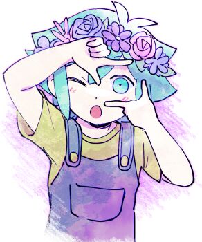 Rule 34 | 1boy, antenna hair, arm up, basil (headspace) (omori), basil (omori), blue overalls, blush, colored skin, commentary request, double-parted bangs, flower, flower wreath, green eyes, green hair, green shirt, hair between eyes, hand up, head wreath, looking at viewer, male focus, omori, one eye closed, open mouth, overalls, rasu (pixiv9799832), shirt, short hair, short sleeves, sidelocks, solo, t-shirt, white background, white skin