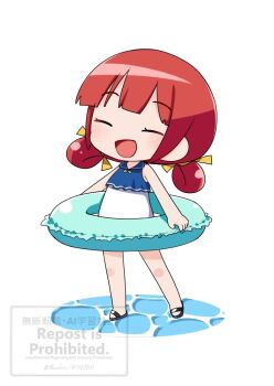 1girl alternate_costume blunt_bangs casual_one-piece_swimsuit chibi closed_eyes commentary_request hair_rings innertube kaiboukan_no._4_(kancolle) kantai_collection long_hair low_twintails nassukun one-piece_swimsuit red_hair simple_background solo swim_ring swimsuit twintails white_background white_one-piece_swimsuit