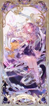 1girl aether_gazer arm_up black_shoes border braid cleavage_cutout clothing_cutout commentary crossed_ankles dress english_commentary film_reel frilled_dress frills full_body gears grin hair_over_one_eye highres loose_socks ornate_border peachuu pink_eyes pink_hair shoes single_braid sitting skuld_(aether_gazer) smile socks solo stuffed_animal stuffed_toy teddy_bear white_socks