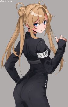 Rule 34 | 1girl, abukuma (kancolle), armband, ass, biker clothes, bikesuit, black bodysuit, blonde hair, blue eyes, bodysuit, commentary request, double bun, from behind, grey background, hair bun, hair rings, highres, kantai collection, long hair, looking at viewer, looking back, miron (mirona33), simple background, solo, twintails