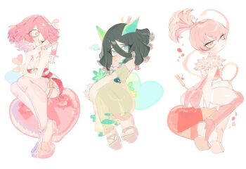 3girls black_hair blue_eyes boots breasts brown_sandals character_request cleavage closed_mouth commentary copyright_request double-parted_bangs dress english_commentary green_dress hair_between_eyes hair_over_one_eye heart highres large_breasts looking_at_another looking_at_viewer multiple_girls one_eye_covered open_mouth parted_bangs petals pink_boots pink_dress pink_eyes pink_hair sandals short_hair short_sleeves simple_background smile syringe usa37107692 white_background