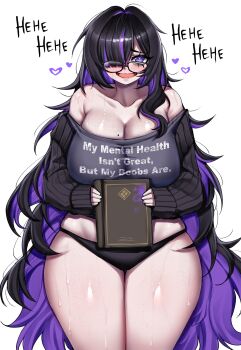 1girl absurdres bags_under_eyes black-framed_eyewear black_cardigan black_hair black_panties blush book breasts cardigan cleavage clothes_writing colored_inner_hair commentary crooked_eyewear dress drooling english_commentary english_text glasses goddess_of_victory:_nikke hair_over_one_eye heart highres holding holding_book label_(nikke) large_breasts long_hair looking_at_viewer mole mole_on_breast mouth_drool multicolored_hair nervous_smile panties purple_eyes purple_hair purple_streaks rageman709 shiny_skin simple_background smile solo standing sweat thick_thighs thighs two-tone_hair underwear very_long_hair white_background wide_hips