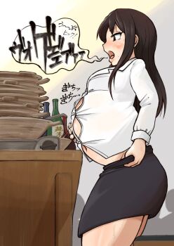 after_meal belly big_belly black_eyes black_hair bloated bottle bowl bowl_stack burp chopsticks from_side full_stomach highres long_hair navel open_mouth orca0091 pencil_skirt shirt skirt sweat white_shirt wine_bottle