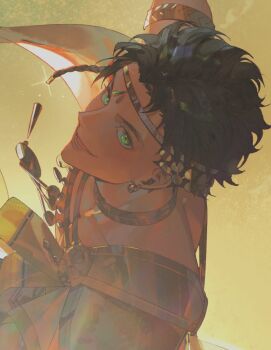1boy alternate_costume brown_hair claude_von_riegan dark-skinned_male dark_skin fire_emblem fire_emblem:_three_houses green_eyes looking_at_another male_focus nintendo short_hair smile zhihaiwusheng