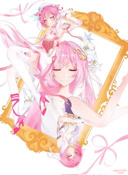 1girl beret black_shorts breasts closed_eyes commentary_request corset diamond-shaped_pupils diamond_(shape) dress elysia_(herrscher_of_human:_ego)_(honkai_impact) elysia_(hi_love_elf)_(honkai_impact) elysia_(honkai_impact) fuahina happy_birthday hat highres honkai_(series) honkai_impact_3rd large_breasts long_hair multicolored_hair multiple_views picture_frame pink_hair purple_eyes shorts smile symbol-shaped_pupils two-tone_hair very_long_hair white_corset white_dress white_hair