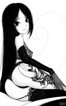 1girl ass blank_eyes bra breasts cameltoe closed_mouth covered_erect_nipples elbow_gloves garter_straps gloves greyscale hand_on_own_thigh highres kaguya-sama_wa_kokurasetai_~tensai-tachi_no_renai_zunousen~ lace lace_gloves leg_tattoo long_hair looking_at_viewer looking_back ltstry monochrome oni panties parted_bangs print_bra see-through_bra see-through_clothes shinomiya_kaguya signature single_thighhigh sitting skindentation small_breasts solo tattoo thighhighs thong underwear very_long_hair yokozuwari