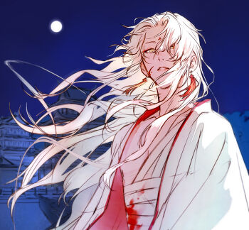 1boy bandaged_torso bandages blood blood_on_face bloody_bandages blue_background blue_sky chinese_clothes earrings facial_mark forehead_mark frown full_moon hanfu huadian injury jewelry kkcoocool long_hair looking_at_viewer male_focus monochrome_background moon night night_sky open_clothes open_robe outdoors parted_lips project_camellia red_trim robe sky solo tassel tassel_earrings upper_body white_hair white_hanfu white_robe wind xiao_hua_(project_camellia) yellow_eyes