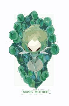 animal_focus black_eyes border bug character_name commentary english_commentary film_grain from_above full_body green_fur green_hair grey_background highres hightguy hollow_eyes hollow_knight hollow_knight:_silksong moss_mother_(hollow_knight) no_humans outside_border simple_background solo straight-on white_background white_border wings