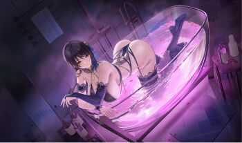 1girl ass asymmetrical_gloves azur_lane bare_shoulders bath bathtub black_hair breasts cleavage crossover dead_or_alive dead_or_alive_xtreme dead_or_alive_xtreme_venus_vacation elbow_gloves expression_chart full_body game_asset gloves highres in_bathtub indoors jewelry lace lace_thighhighs large_breasts looking_at_viewer medium_hair non-web_source official_alternate_costume official_art partially_submerged shandy_(an_enchanting_sip)_(doa) shandy_(doa) single_elbow_glove smile solo thighhighs water yellow_eyes