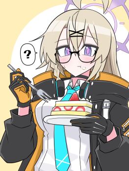 1girl :t ? ahoge birthday black-framed_eyewear black_gloves black_jacket blue_archive blue_necktie blush braid breasts cake cake_slice collared_shirt commentary_request dress_shirt eating food food_on_face fork glasses gloves hair_ornament halo high_collar highres holding holding_fork holding_plate jacket karageba kotama_(blue_archive) long_hair long_sleeves looking_at_viewer medium_breasts multicolored_gloves necktie open_clothes open_jacket plate purple_eyes purple_halo semi-rimless_eyewear shirt side_braid solo spoken_question_mark strawberry_shortcake sweatdrop two-sided_fabric two-sided_jacket two-tone_gloves under-rim_eyewear upper_body white_shirt x_hair_ornament yellow_background yellow_gloves