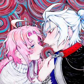 Rule 34 | 2boys, absurdres, ahoge, alternate costume, alternate hairstyle, amemura ramuda, androgynous, antenna hair, aohitsugi samatoki, blue eyes, blush, chain, chain leash, collar, colored eyelashes, colored pencil (medium), colorful background, commentary, cowlick, curtained hair, cutout eyelashes, ear piercing, earrings, english commentary, eye contact, face-to-face, fingernails, from side, fur-trimmed sleeves, fur trim, furrowed brow, gradient hair, half-closed eyes, half updo, hand up, hatching (texture), height difference, highres, hypnosis mic, jewelry, leash, leash pull, linear hatching, long sleeves, looking at another, male focus, marker (medium), multicolored hair, multiple boys, pale skin, parted bangs, parted lips, piercing, pink hair, portrait, profile, purple hair, raised eyebrows, red collar, red eyes, ribbed sweater, short hair, short hair with long locks, sidelocks, silver earrings, smile, sweater, traditional media, turtleneck, turtleneck sweater, v-shaped eyebrows, wavy hair, white hair, white sweater, xamitra, yaoi
