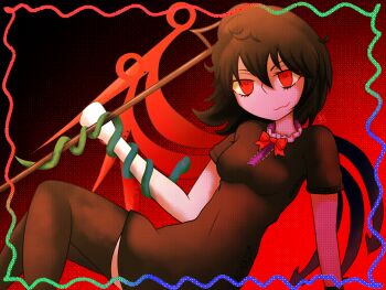 1girl black_dress black_hair black_thighhighs border bow bowtie commentary_request dotted_background dress gradient_background haronashi highres holding holding_pitchfork holding_weapon houjuu_nue multicolored_wings pitchfork red_eyes short_hair short_sleeves snake thighhighs touhou weapon wings