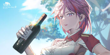 1girl armpit_cutout armpits blue_sky bottle breasts clothing_cutout cloud epaulettes giuseppe_garibaldi_(kancolle) gloves highres izsly kantai_collection medium_breasts multicolored_hair neck_ribbon one-hour_drawing_challenge open_mouth parted_lips pink_eyes pink_hair red_shirt ribbon shading shine shirt short_hair short_sleeves skirt sky smile solo sun sun_flare sun_glare sunlight teeth tree upper_body upper_teeth_only white_gloves white_shirt wine_bottle