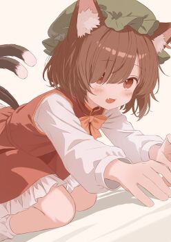 1girl absurdres animal_ear_fluff animal_ear_piercing animal_ears animal_hat blush brown_hair cat_ears cat_tail chen commentary_request earrings fang frilled_skirt frills green_hat hat highres iris-san jewelry long_sleeves looking_at_viewer mob_cap multiple_tails nekomata open_mouth red_eyes red_vest shirt signature single_earring skirt solo tail touhou two_tails vest white_shirt