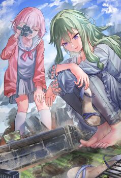 2girls absurdres antinomychina barefoot blue_sky camcorder camera cardigan closed_eyes cloud commentary_request destruction giant giantess green_hair grey_serafuku grey_shirt grey_skirt highres holding holding_camera kneehighs kusanagi_nene long_hair long_sleeves multiple_girls neckerchief ootori_emu open_cardigan open_clothes open_mouth outdoors pink_cardigan pink_eyes pink_hair pleated_skirt project_sekai purple_eyes recording red_neckerchief sailor_collar school_uniform serafuku shirt shoes short_hair skirt sky smile soccer_field socks squatting stadium unworn_shoes video_camera white_socks