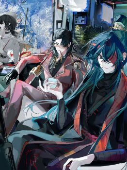 3boys black_eyes black_gloves black_hair black_hanfu black_shirt blue_hair chinese_clothes cigar collar costume_request crossed_bangs curtained_hair double-parted_bangs elbow_rest evelynyi21085 family_hierarch_candidate_(identity)_(project_moon) fern gloves gold_trim hair_between_eyes hair_flowing_over hair_ornament hair_over_one_eye hanfu hat highres holding hong_lu_(project_moon) jacket jacket_on_shoulders knee_up limbus_company long_hair looking_at_viewer male_focus meursault_(project_moon) multiple_boys official_alternate_costume outdoors popped_collar project_moon red_jacket rope_belt scarf shirt sitting smirk sword thumb_(identity)_(project_moon) tinted_eyewear tree very_long_hair weapon white_shirt yellow-tinted_eyewear yi_sang_(project_moon)