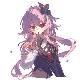 1girl absurdres black_gloves black_jacket chinese_commentary closed_mouth commentary_request evernight_(honkai:_star_rail) finger_to_mouth flower gloves hair_flower hair_intakes hair_ornament highres honkai:_star_rail honkai_(series) index_finger_raised jacket long_hair long_sleeves looking_at_viewer march_7th_(honkai:_star_rail) purple_hair red_eyes reido_0723 shirt shushing simple_background smile solo upper_body white_background white_shirt