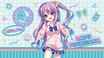 1girl :d aqua_eyes blue_bow blue_bowtie blue_skirt blush bow bowtie breasts buttons cardigan cellphone character_name copyright_name cowboy_shot cupcake diagonal-striped_bow dot_nose double_gyaru_v fang film_grain flip_phone food game_cg green_bow group_name gyaru gyaru_v hair_bow head_tilt heart izumi_tsubasu long_hair long_sleeves looking_at_viewer miniskirt non-web_source official_art open_mouth phone pink_cardigan plaid_clothes plaid_skirt print_bow purple_hair re:stage! side_ponytail sidelocks skirt sleeves_past_wrists small_breasts smile solo star_(symbol) star_print striped_bow tamagotchi tsukisaka_sayu v white_bow