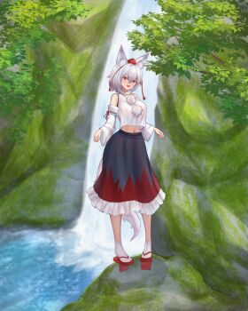 1girl :d absurdres animal_ears barefoot black_skirt blush breasts cleavage commentary detached_sleeves frilled_skirt frills full_body geta grey_hair hat highres inubashiri_momiji large_breasts looking_at_viewer mikotouca open_mouth outdoors pom_pom_(clothes) red_eyes red_hat red_shoes red_skirt see-through_clothes see-through_shirt shirt shoes short_hair skirt smile socks solo standing tail tokin_hat touhou tree two-tone_skirt water waterfall white_shirt white_socks wolf_ears wolf_girl wolf_tail