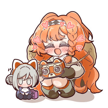 2girls ^_^ animal_ears blush boots brown_boots brown_gloves brown_hat camera chibi closed_eyes fake_animal_ears gloves grey_eyes grey_hair hair_bun hat hat_on_back heart highres holding holding_camera long_hair mini_person minigirl multiple_girls nijiiro_diary official_alternate_costume open_mouth orange_hair orange_socks reverse:1999 shirt short_hair single_side_bun sitting smile socks sonetto_(reverse:1999) suitcase vertin_(reverse:1999) very_long_hair white_background white_shirt