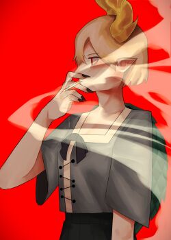 1girl absurdres antlers between_fingers black_nails blonde_hair blue_shirt cigarette dragon_girl dragon_horns fingernails green_scales highres holding holding_cigarette horns kicchou_yachie monster_girl nail_polish pointy_ears red_background red_eyes scales sharp_fingernails shirt short_hair simple_background smoke smoke_trail smoking solo square_neckline touhou turtle_shell upper_body vanima_viii yellow_horns