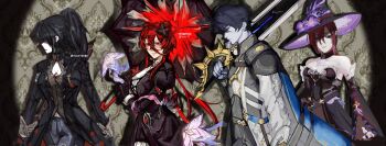 1boy 3girls absurdres black_dress black_hair black_tunic borrowed_character borrowed_clothes breasts character_request cleavage cowboy_shot detached_sleeves double_bun dress from_side gloves greatsword hair_between_eyes hair_bun hair_over_eyes hat head_tilt high_ponytail highres holding holding_sword holding_umbrella holding_weapon honkai:_star_rail honkai_(series) lace-up_top logicsterrr long_sidelocks looking_at_viewer multiple_girls original over_shoulder ponytail red_eyes red_hair sidelocks smirk sword tunic umbrella walking weapon weapon_over_shoulder white_gloves witch_hat