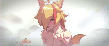 Rule 34 | 1girl, ahoge, animal ears, animated, buffpup (vtuber), collarbone, commentary, english commentary, female focus, hair over one eye, highres, indie virtual youtuber, long hair, muscular, muscular female, nbl, onsen, orange hair, partially submerged, scar, scar on shoulder, solo, stuffed animal, stuffed toy, tail, tail wagging, tongue, tongue out, upper body, video, virtual youtuber, water, wolf ears, wolf girl, wolf tail