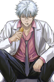 Rule 34 | 1boy, absurdres, belt, bin (binonep), black belt, black pants, cigarette, collared shirt, feet out of frame, food, gintama, glasses, grey necktie, highres, holding, holding food, jacket, knees up, looking at viewer, loose necktie, male focus, mouth hold, necktie, pants, pink shirt, sakata gintoki, shirt, short hair, simple background, sitting, solo, white background, white hair, white jacket