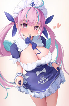 1girl absurdres anchor_hat_ornament anchor_symbol aqua_hair between_breasts blue_bow blue_bowtie blue_dress blue_ribbon blush bow bowtie braid breasts cleavage colored_inner_hair commentary curly_hair dress grin hair_ribbon hat_ornament highres holding hololive large_breasts long_hair looking_at_viewer maid maid_headdress minato_aqua minato_aqua_(1st_costume) mochiki_927 mouth_hold multicolored_hair pink_eyes pink_hair ribbon short_sleeves simple_background skirt_hold smile solo streaked_hair teeth thighs twintails two-tone_hair virtual_youtuber white_background white_bow white_wrist_cuffs wrist_cuffs