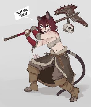 1girl :d absurdres animal_ears arbuz_budesh artist_name axe battle_axe belt blood blood_in_hair blood_on_axe blood_on_face blush_stickers boots bracer breasts brown_belt brown_boots brown_gloves cat_ears cat_girl cat_tail chain chest_sarashi commentary constricted_pupils crazy_eyes crazy_smile english_commentary english_text fang fingerless_gloves full_body fur_trim gloves grey_background hair_between_eyes highres knee_boots medium_breasts nathy_(arbuz_budesh) navel notched_ear open_mouth original red_hair sarashi scar short_hair simple_background skull smile solo speech_bubble spiked_boots tail teeth upper_teeth_only weapon