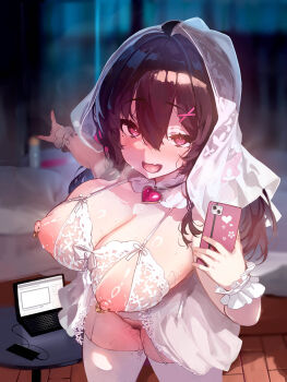 1girl bow bra breasts bridal_lingerie bridal_veil brown_hair cellphone choker computer cupless_bra garter_belt hair_ornament hairclip highres lace lace_bra laptop large_breasts lingerie looking_at_viewer nipple_piercing nipples open_mouth original phone piercing pink_eyes pointing pubic_hair pussy_juice shiokonbu smartphone sweat thighhighs underwear veil white_bra white_thighhighs wrist_cuffs