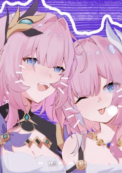 2girls ;p absurdres blue_eyes breasts chinese_commentary cleavage commentary_request company_connection corset cyrene_(aedes_elysiae)_(honkai:_star_rail) cyrene_(honkai:_star_rail) drawn_whiskers dress elysia_(honkai_impact) elysia_(miss_pink_elf)_(honkai_impact) face_filter hair_ornament highres honkai:_star_rail honkai_(series) honkai_impact_3rd jewelry large_breasts multicolored_hair multiple_girls necklace one_eye_closed pink_hair purple_background shinian41379 short_hair shrug_(clothing) small_breasts smile tongue tongue_out two-tone_hair upper_body voice_actor_connection white_corset white_dress white_hair