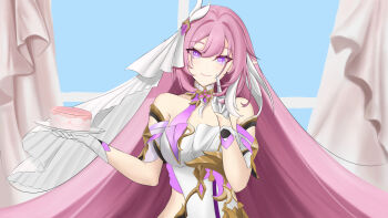 1girl absurdres akaminee bare_shoulders breasts bridal_veil cake commentary_request corset diamond-shaped_pupils diamond_(shape) elysia_(herrscher_of_human:_ego)_(honkai_impact) elysia_(honkai_impact) food gloves highres holding holding_plate honkai_(series) honkai_impact_3rd large_breasts long_hair looking_at_viewer multicolored_hair pink_hair plate purple_eyes smile solo symbol-shaped_pupils two-tone_hair veil very_long_hair white_corset white_gloves white_hair white_veil