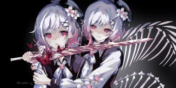 2girls beret black_background black_choker black_hat blood blood_from_mouth brooch choker closed_mouth commentary_request crying crying_with_eyes_open dark_persona dual_persona empty_eyes flower gradient_hair hair_flower hair_ornament hat highres holding holding_sword holding_weapon jewelry long_sleeves looking_at_another lunavisus mahou_shoujo_no_majo_saiban multicolored_hair multiple_girls neck_ribbon pink_eyes pink_hair ribbon sakuraba_ema short_hair skeletal_wings smile spoilers sword sword_to_throat tears upper_body weapon white_flower white_hair white_ribbon wings x_hair_ornament