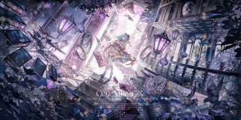 Rule 34 | 1girl, absurdres, bird, blue hair, book, boots, closed mouth, commission, dress, flower, frilled dress, frills, full body, gradient hair, hair between eyes, hat, hat ornament, highres, holding, holding paper, lamp, leaf, letter, long hair, looking at viewer, mirror, multicolored hair, open book, original, paper, pleated dress, purple eyes, sidelocks, solo, stairs, thighhighs, turkish lamp, watermark, white boots, white dress, white thighhighs, yan zi yao yu