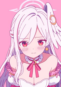 1girl bare_shoulders blue_archive blush breasts bustier cleavage commentary_request crescent crescent_hair_ornament detached_collar detached_sleeves earrings hair_between_eyes hair_intakes hair_ornament halo head_wings highres jewelry long_hair looking_at_viewer magical_girl medium_breasts neck_ribbon nervous otomii pink_background pink_ribbon portrait red_eyes ribbon single_earring single_head_wing solo star_(symbol) star_earrings suzumi_(blue_archive) suzumi_(magical)_(blue_archive) very_long_hair white_hair white_halo wings