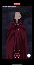 1girl abs animated black_eyes black_hair boku_no_hero_academia breasts camera cape cellphone cloak exhibitionism felipe_godoy female_focus flashing highres iphone large_breasts leotard looking_at_viewer matching_hair/eyes nipples nude phone ponytail presenting public_indecency pussy recording red_cape red_cloak red_leotard sigh smartphone smile solo superhero_costume uncensored user_interface video viewfinder yaoyorozu_momo