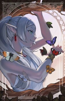 1girl absurdres arm_up bracelet bug butterfly butterfly_on_hand dress earrings elf flat_chest floating_earrings frieren from_side gold_choker green_eyes grey_hair highres in_tree insect jewelry long_hair pendant_choker pointy_ears short_eyebrows single_bracelet sleeveless sleeveless_dress smile solo sousou_no_frieren too_many too_many_butterflies translation_request tree twintails voodoothur white_dress