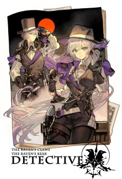 1boy 1girl adjusting_clothes adjusting_headwear belt black_gloves black_hat black_pantyhose black_shorts black_vest buttons commentary_request detective_(silver_palace) double-breasted female_detective_(silver_palace) gloves grey_gloves gun hat highres leg_holster long_sleeves looking_at_viewer male_detective_(silver_palace) pantyhose pantyhose_under_shorts shirt shorts silver_palace starshadowmagician top_hat vest weapon white_shirt