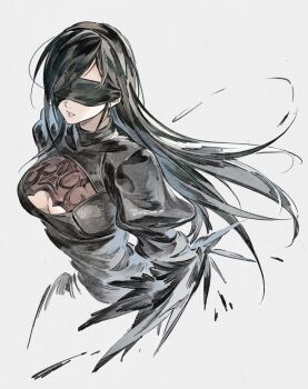 1girl 2b_(nier:automata) 2b_(nier:automata)_(cosplay) black_dress black_hair blindfold breasts cleavage cleavage_cutout clothing_cutout commentary cosplay crow0cc dress earrings final_fantasy final_fantasy_vii final_fantasy_vii:_ever_crisis highres jewelry juliet_sleeves long_hair long_sleeves nier:automata nier_(series) puffy_sleeves solo symbol-only_commentary tifa_lockhart upper_body white_background