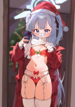 1girl blue_archive blue_halo bow bow_bra bow_panties bra breasts cherino_(blue_archive) christmas christmas_ornaments christmas_tree coat coat_partially_removed green_bow halo hat highres holding holding_phone indoors lace lace_panties led_winter lingerie loli long_hair mirror mirror_selfie navel open_clothes open_coat panties phone red_bow red_bra red_coat red_panties reflection santa_hat selfie small_breasts solo standing star_(symbol) sweat sweater thighhighs turtleneck turtleneck_sweater twintails underwear white_bow white_hair white_thighhighs