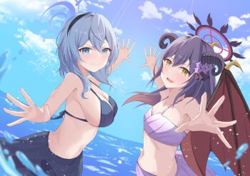 2girls absurdres ako_(blue_archive) aqua_halo beach bikini black_horns blue_archive blue_bikini blue_eyes blue_hair breasts cleavage commentary_request commission cowboy_shot crescent_halo curled_horns demon_girl demon_horns demon_wings flower hair_flower hair_ornament halo highres horns hutaba_miyagi large_breasts long_hair looking_at_viewer multiple_girls navel open_mouth original pixiv_commission purple_bikini purple_flower red_halo red_wings sky small_breasts solo stomach swimsuit wings yellow_eyes