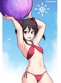 1girl armpits arms_up artist_name ball beachball bikini black_hair blue_sky bow breasts cameltoe covered_erect_nipples day female_focus hair_bow konan_exe looking_at_viewer love_live! medium_hair navel open_mouth outdoors petite red_bikini red_bow red_eyes sky small_breasts smile solo standing swimsuit twintails yazawa_nico