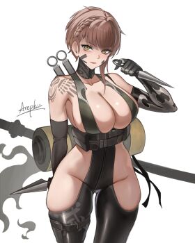 1girl arepko bodysuit breasts clothing_cutout delta_(nikke) delta_(ninja_thief)_(nikke) goddess_of_victory:_nikke highres hip_vent holding holding_kunai holding_weapon kunai large_breasts ninja ninjatou official_alternate_costume short_sword shoulder_tattoo signature simple_background sleeveless sleeveless_bodysuit solo sword tattoo weapon white_background