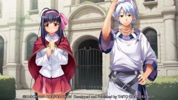 1boy 1girl ahoge aleph_coulson atelier-moo averting_eyes belt black_belt black_hair blush brown_eyes building bush clenched_hands closed_mouth collarbone collared_shirt company_name copyright_notice cowboy_shot embarrassed fence flower game_cg grey_pants hair_between_eyes hair_ribbon hand_on_own_head hand_on_own_hip hands_on_own_chest hat key large_variant_set leaf long_hair long_shirt long_sleeves looking_at_viewer looking_to_the_side miniskirt non-web_source official_art pants pink_ribbon purple_hat purple_shirt red_shawl ribbon rose shawl sheela_sheffield shirt short_hair skirt smile standing striped_hat tachi-e tareme three-quarter_sleeves variant_set very_long_hair white_hair white_shirt window yellow_flower yellow_rose yuukyuu_gensoukyoku yuukyuu_gensoukyoku_revival