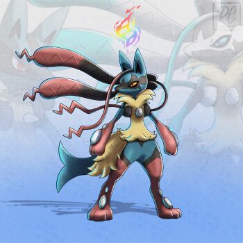 1other alternate_color animal_ears black_fur blue_fur body_fur commentary english_commentary full_body furry gen_4_pokemon highres lucario mega_evolution_symbol mega_lucario_z mega_pokemon multicolored_fur nintendo pokemon pokemon_(creature) pokemon_focus rcortezdraws red_eyes red_fur solo tail yellow_fur zoom_layer