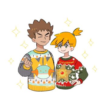 1boy 1girl asymmetrical_hair brock_(pokemon) brown_hair character_print clenched_hand closed_mouth eyelashes food gen_1_pokemon gen_3_pokemon green_eyes hachisen hair_tie hand_on_own_hip hand_up holding long_sleeves marshtomp misty_(pokemon) nintendo orange_hair pokemon pokemon_(anime) pokemon_(classic_anime) ponytail red_sweater shirt short_hair side_ponytail smile sparkle split_mouth star_(symbol) staryu sweater upper_body yellow_shirt