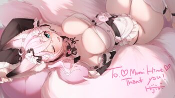 Rule 34 | 1girl, ;p, animal ears, apron, black bow, black sleeves, blue eyes, bow, breasts, character name, commentary request, commission, detached sleeves, flower, fox ears, fox girl, fox tail, hair bow, hair flower, hair ornament, highres, indie virtual youtuber, kitsune, multiple tails, mumi hime (vtuber), one eye closed, pink bow, skeb commission, solo, tail, thank you, tongue, tongue out, twt vv202, virtual youtuber, white apron, white bow, white flower